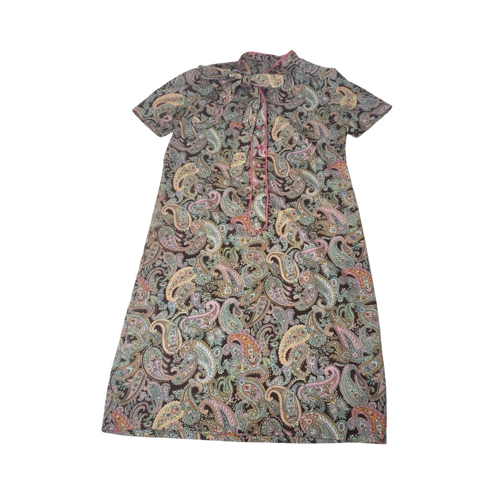 Vintage 60s 70s Handmade Paisley Maxi Dress Womens M L Mandarin Pink Trim
